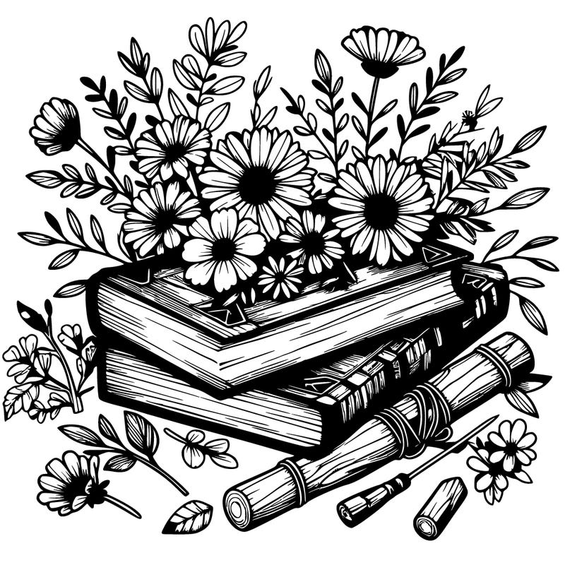 rustic books and flowers realistic