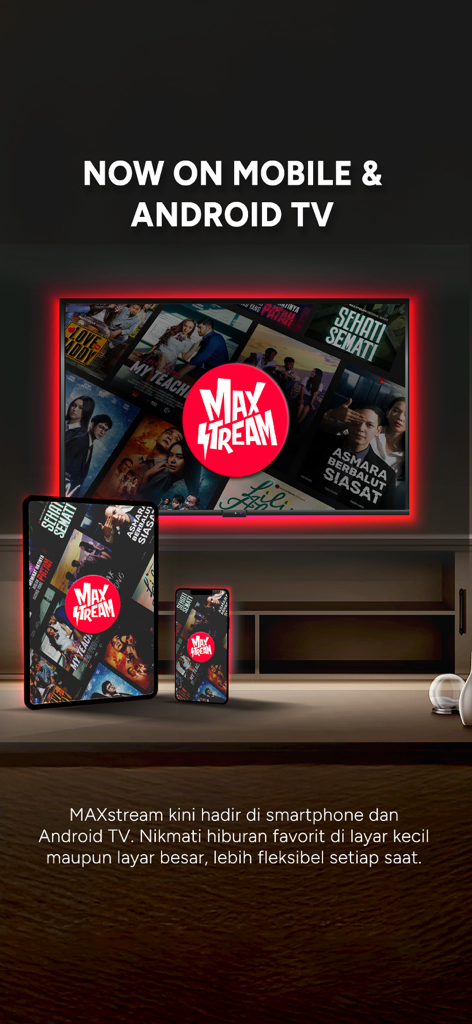 MAXstream app content displayed on TV, tablet, and mobile screens