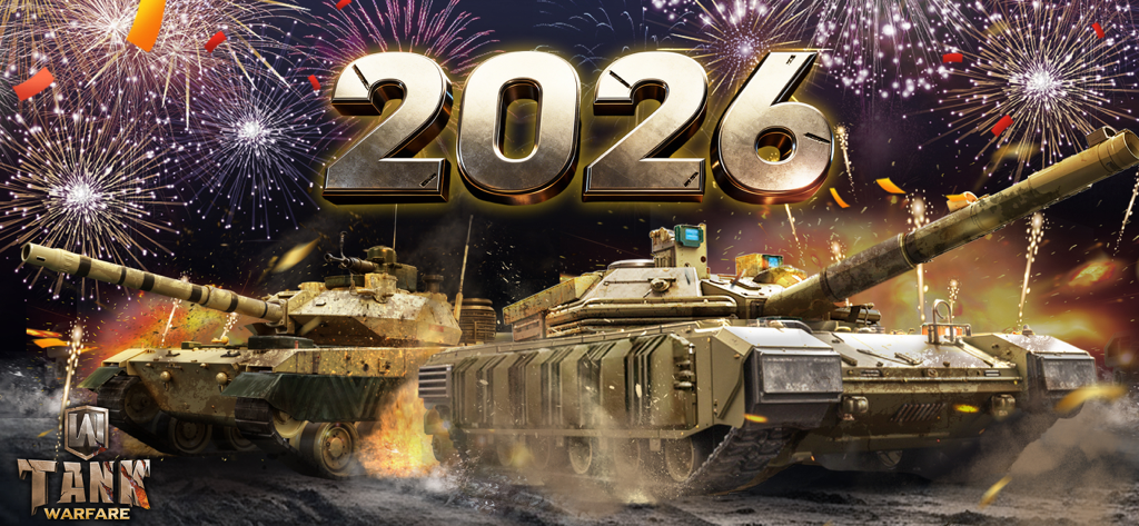 Two realistic 3D tanks on a battlefield under a fireworks display with 2026 text celebrating a New Year update