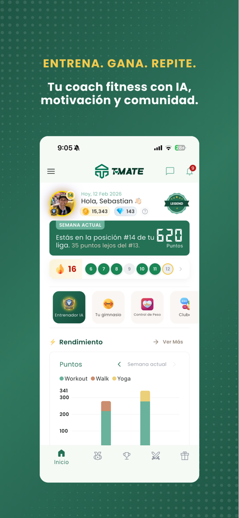 T-Mate - T-Mate app dashboard displaying user progress, reward points, and gamified fitness tracking features.