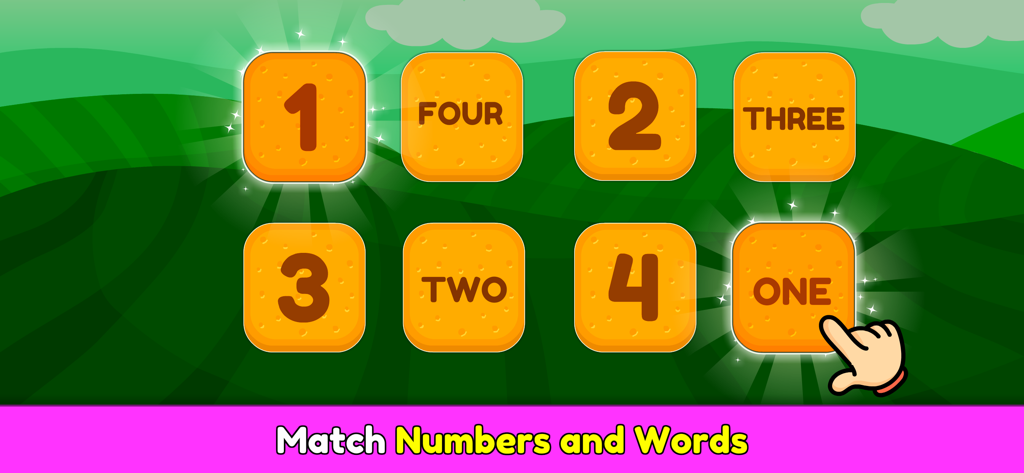 An educational game screen where children match numerical digits with their written names like one and four.