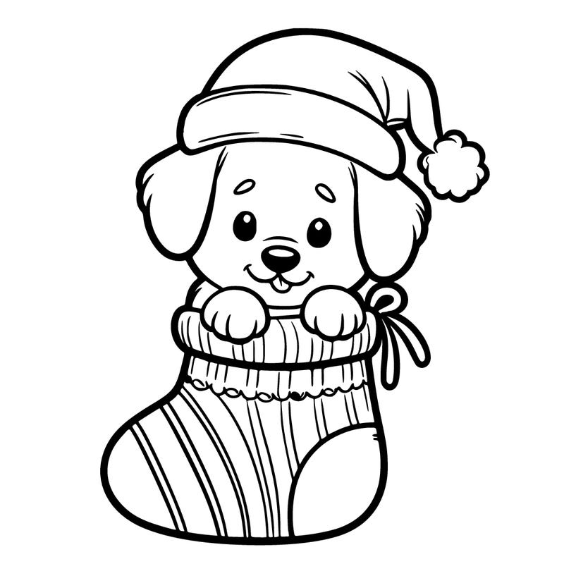cute puppy wearing santa hat in socking