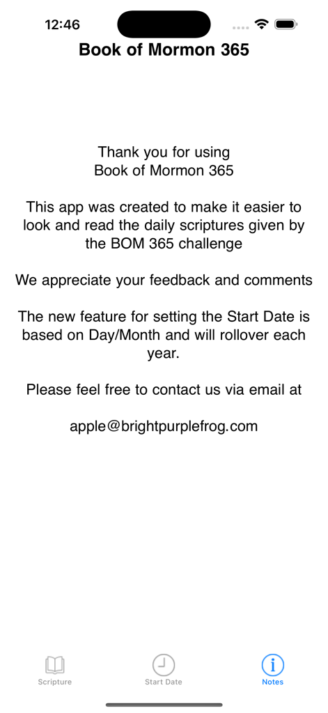 Book of Mormon 365 - Information screen for the Book of Mormon 365 app providing details about features and contact information.