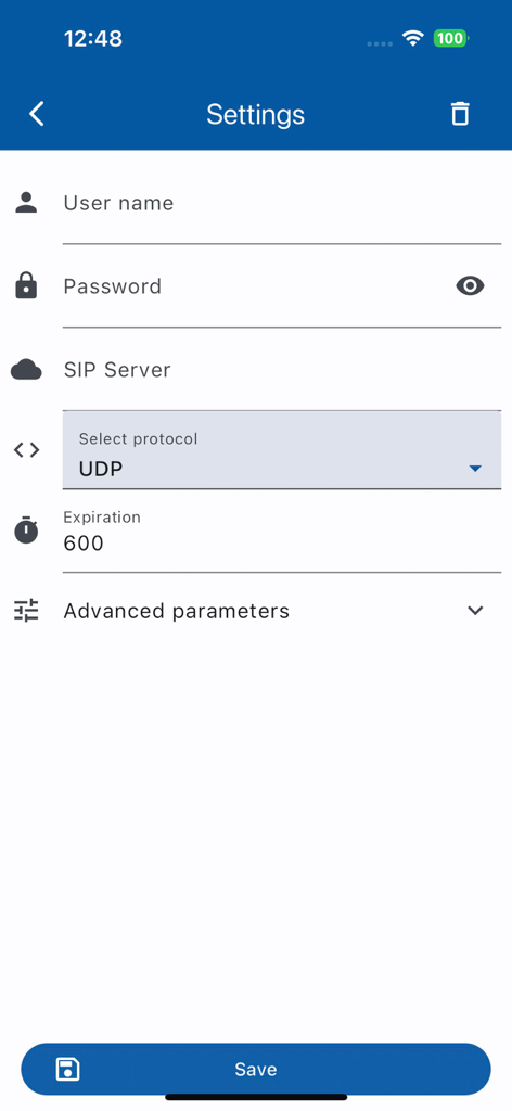 Castel SIP - Écran des paramètres de l'application Castel SIP pour la connexion utilisateur et la configuration du serveur