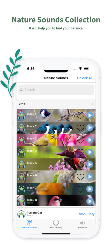 Nature Sounds: Yoga and Sleep - Una interfaz móvil de la aplicación Sonidos de la Naturaleza que muestra una lista de pistas de canto de pájaros y una pista de audio de gato ronroneando.