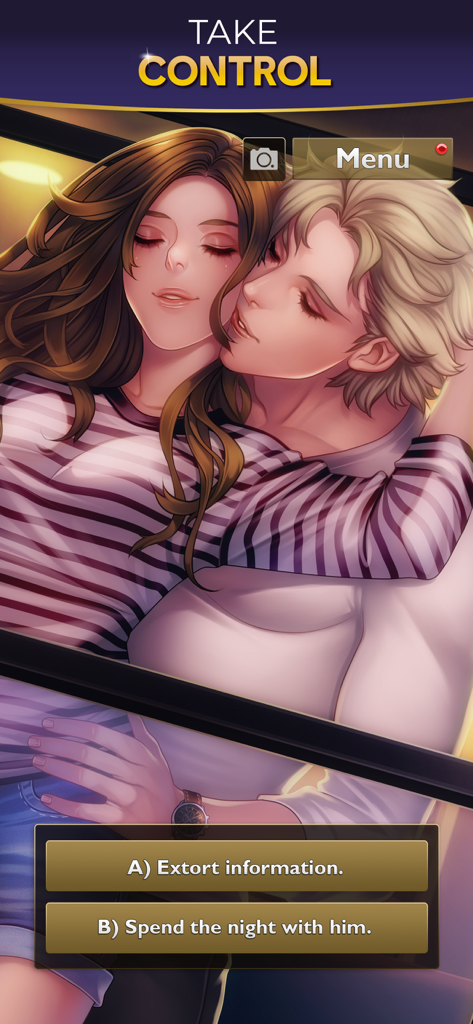 Is It Love? Gabriel - Journeys - A romantic choice screen in the mobile game Is It Love Gabriel showing two characters embracing