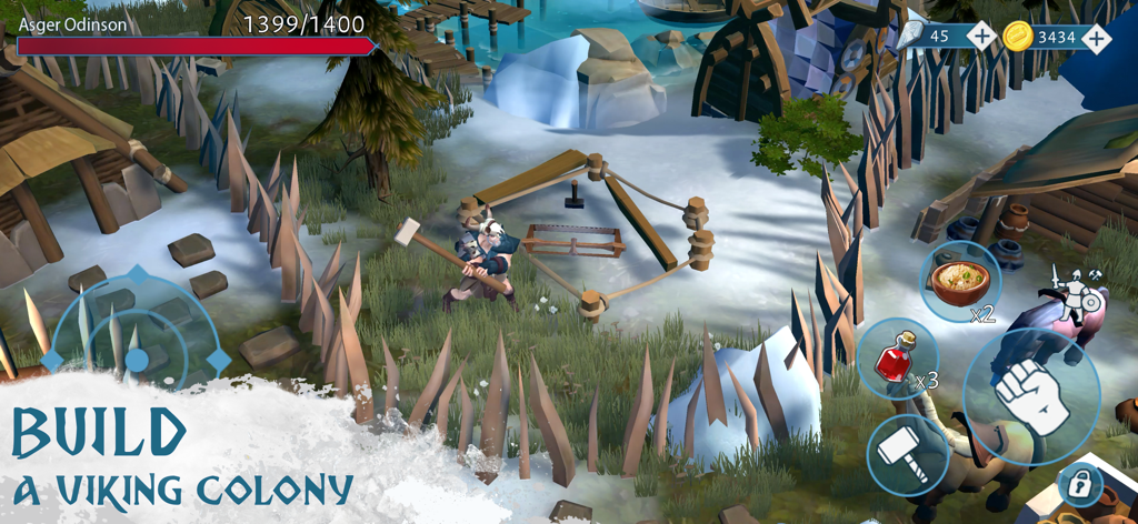 Vinland Tales: Viking Survival - Un personaje vikingo usando un martillo para construir un asentamiento en un paisaje nevado.