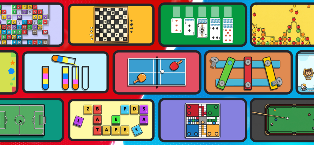 Two Player Games - Red Vs Blue - A collage showing a variety of offline mini games including chess ping pong soccer and pool