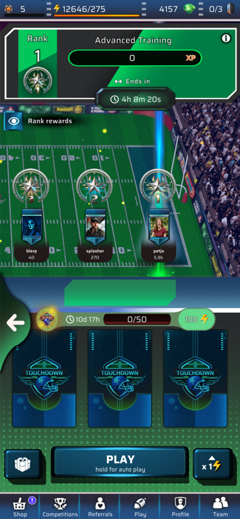 Touchdown - Football PvP Game - Main menu of Touchdown Football PvP game showing the training rank leaderboard and player profiles