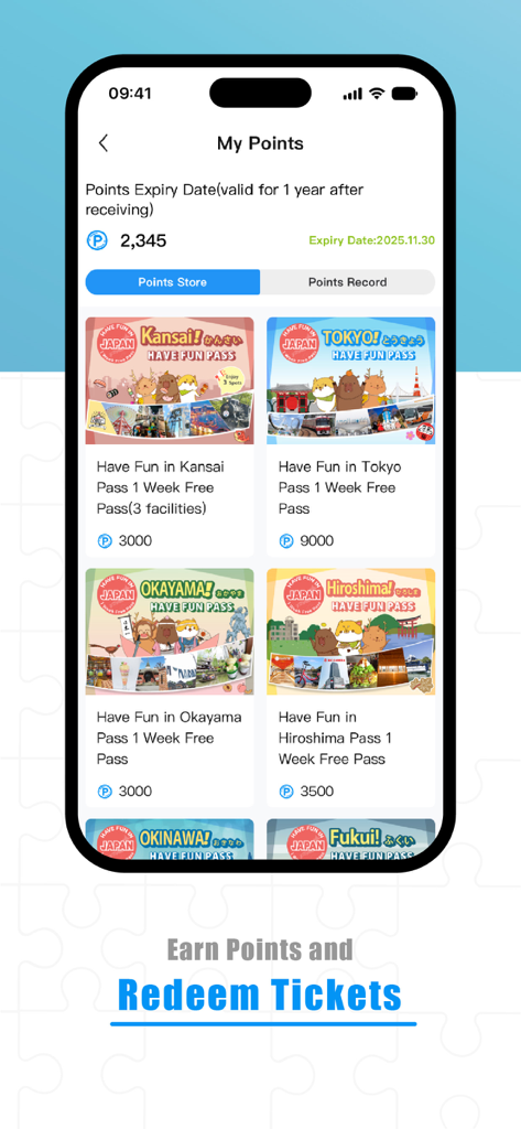 Mobile screen of Travel Contents app showing the points store for redeeming rewards for regional travel passes in Japan.