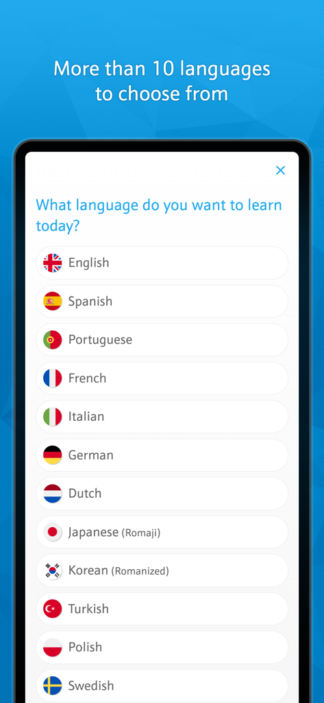 Interfaz de LingoClip que muestra una lista de más de diez idiomas para aprender.