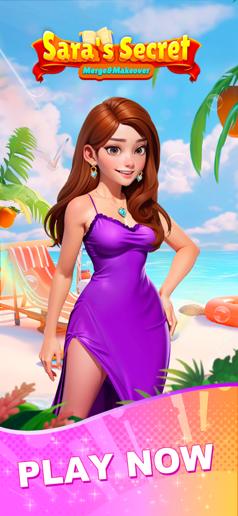 Sara's Secret : Merge&Makeover - Sara's Secret game character in a purple dress on a tropical beach with a Play Now button