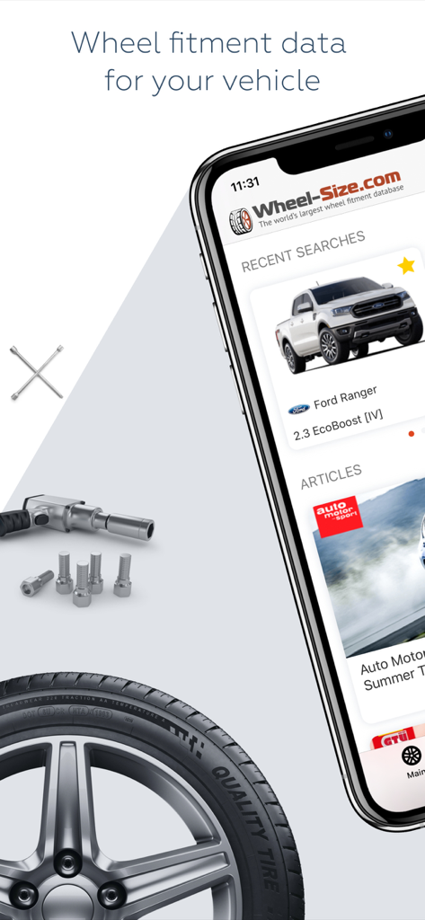 Smartphone displaying the Wheel Size app with automotive tools and a car wheel