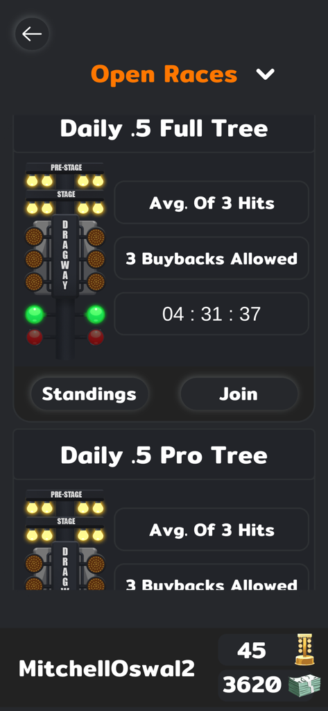 .000 Practice Tree - Interface of .000 Practice Tree app showing daily online drag racing reaction time competitions