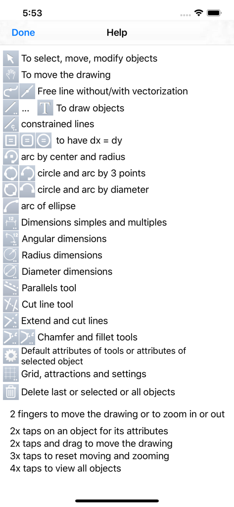 iPocket Draw Lite - Interfaz de ayuda que muestra iconos de dibujo técnico y controles gestuales táctiles para iPocket Draw Lite