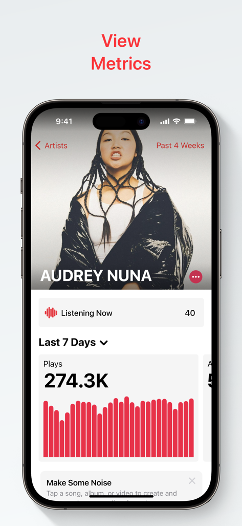 Dashboard der Apple Music for Artists App, das Hörer in Echtzeit und die Gesamtzahl der Wiedergaben für einen Künstler anzeigt.