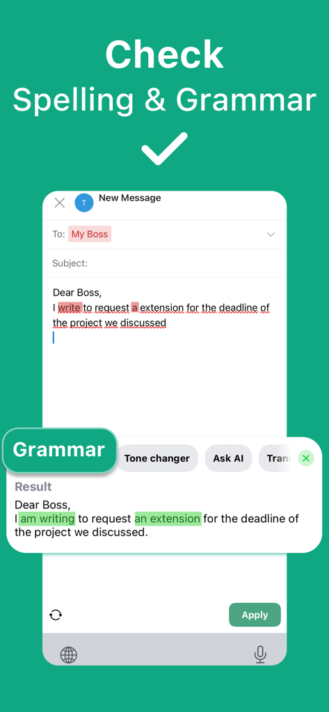 TyperAI app interface showing real-time grammar and spelling corrections for a professional email draft
