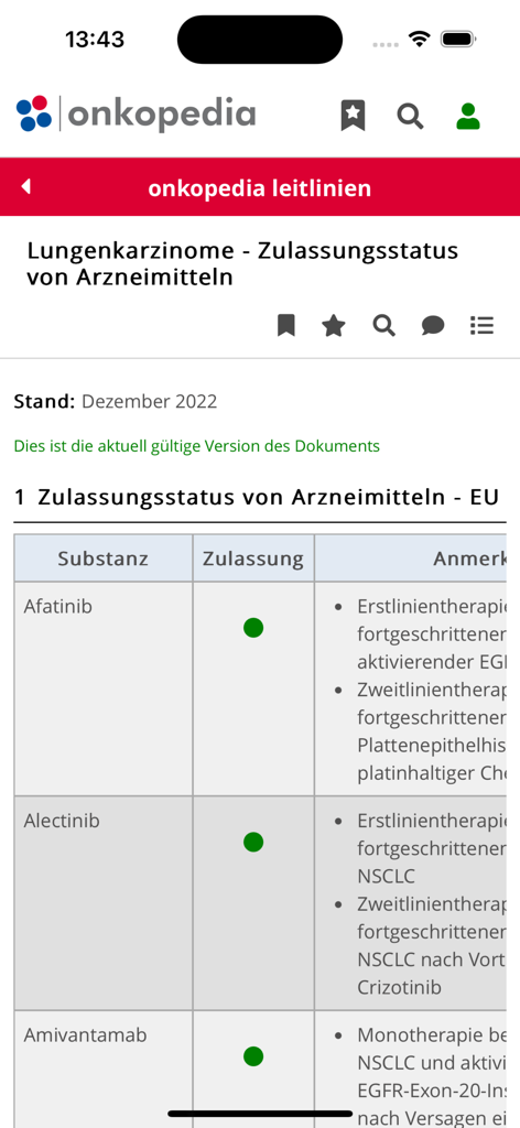 Onkopedia Leitlinienportal - Tabelle in der Onkopedia-App, die den Medikamentenstatus für die Behandlung von Lungenkarzinomen zeigt