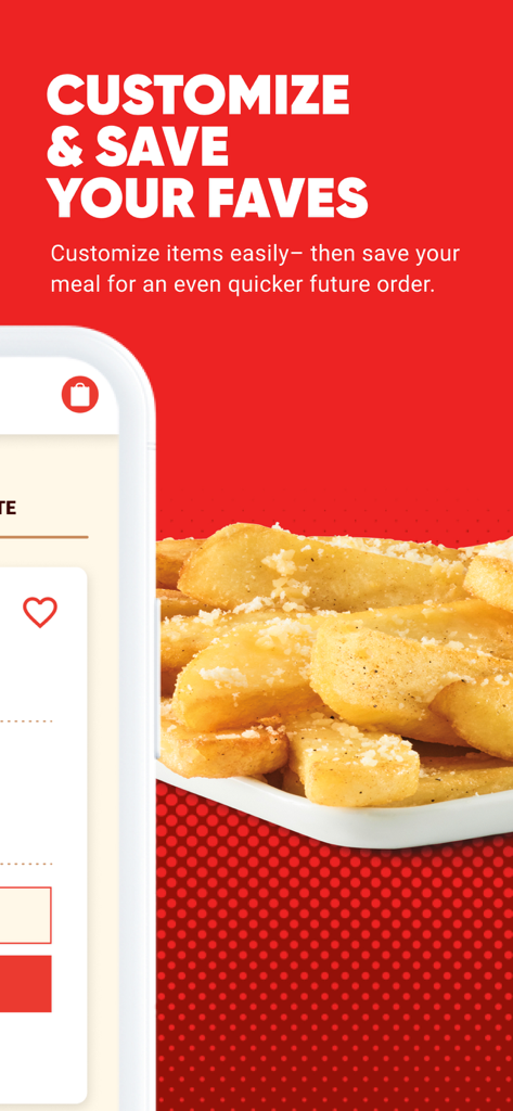 Screenshot of Red Robin app featuring steak fries and a prompt to customize and save favorite meals