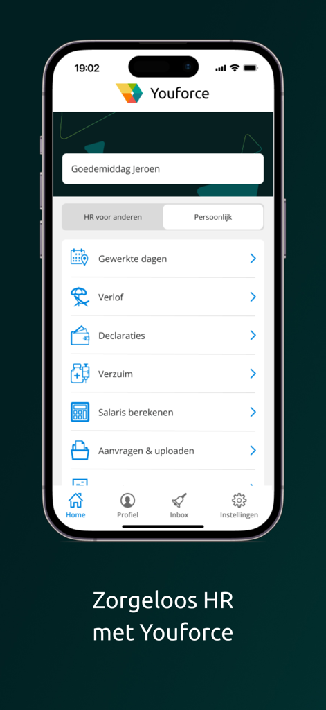 Youforce - Youforce mobile HR app dashboard showing menu options for tracking work days leave and expenses on an iPhone