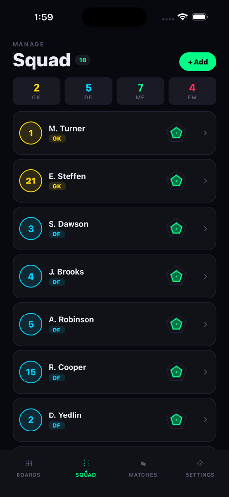 Soccer Board - Manage tactics - Soccer squad management screen showing player names and positions