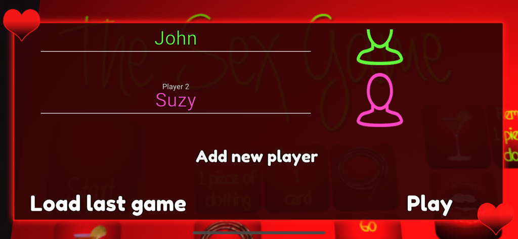 Écran de configuration des joueurs pour un jeu de couple avec les noms John et Suzy