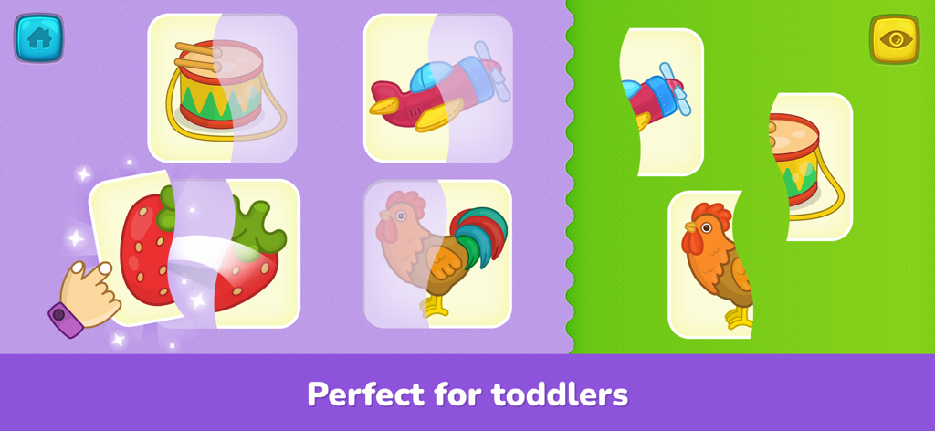 Toddler learning game screen showing a drag and drop matching puzzle with colorful cards and objects