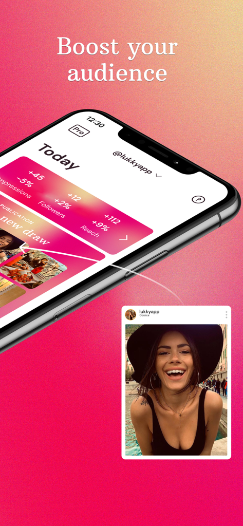 Lukky - Social Giveaways - Lukky app dashboard showing social media growth metrics like followers and reach