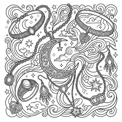 Unravel the beauty of the night with this exquisite silver jewelry coloring page. Lose yourself in a celestial dreamscape adorned with elegant necklaces, sparkling stars, and a luminous moon.