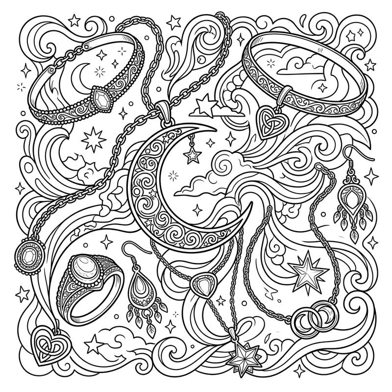 Unravel the beauty of the night with this exquisite silver jewelry coloring page. Lose yourself in a celestial dreamscape adorned with elegant necklaces, sparkling stars, and a luminous moon.