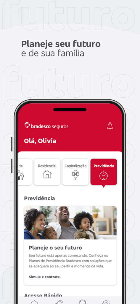Bradesco Seguros mobile app interface showing retirement planning for families