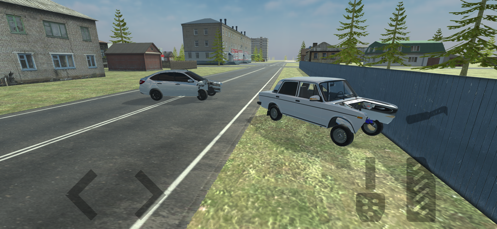A white car driving through a rural village in the Simulator Real Oper Car mobile game with on-screen driving controls.