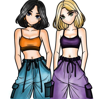 two girls with crop top with baggy pants