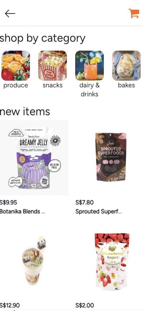 The treatsure app interface showing various food categories and new sustainable grocery items for purchase