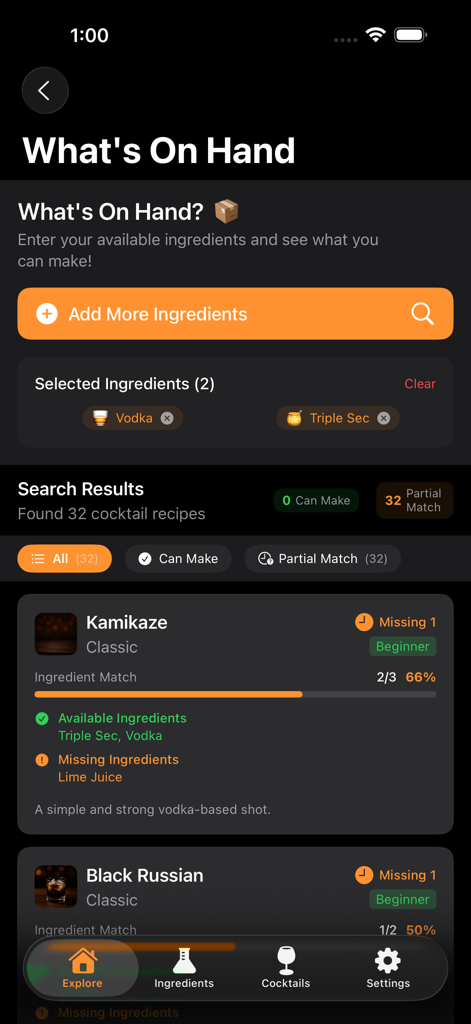 ShakeIt App zeigt Cocktailrezepte, die zu den verfügbaren Barzutaten wie Wodka passen.