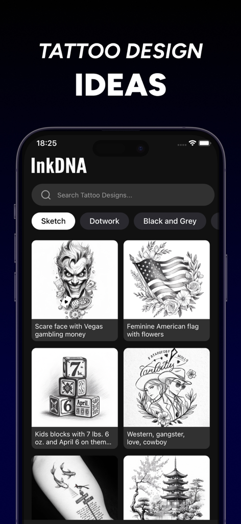 InkDNAアプリインターフェース、検索可能なギャラリーでさまざまなAI生成タトゥーデザインのアイデアを表示