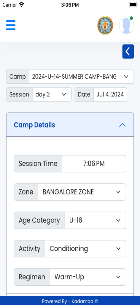 KSCA OTMS - A mobile interface for the KSCA OTMS app displaying cricket camp details such as session time, zone, age category, activity, and regimen.