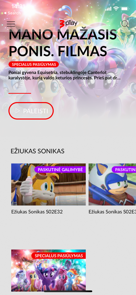 TV3 Play Lietuva - Interface of the TV3 Play Lietuva app featuring My Little Pony and Sonic the Hedgehog