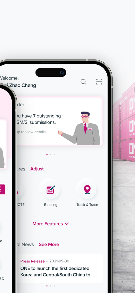 Ocean Network Express mobile app home screen with shipping tracking and booking options