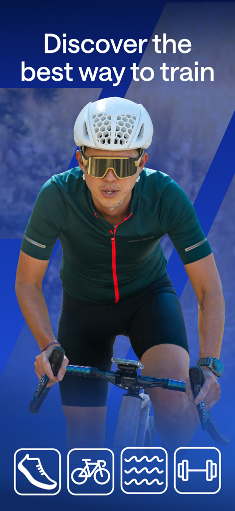 Ein männlicher Radfahrer trainiert mit Symbolen für Laufen, Radfahren, Schwimmen und Krafttraining