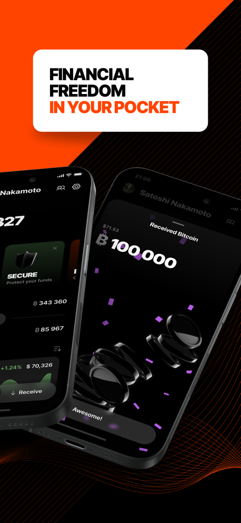 Bitkit: Bitcoin Wallet - Bitkit mobile app interface displaying a received bitcoin notification and financial freedom slogan
