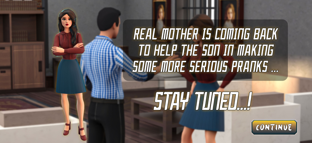 My Scary Teacher Prank Game 3D - In-game cutscene from My Scary Teacher Prank Game 3D showing story text about a mother returning to help with pranks