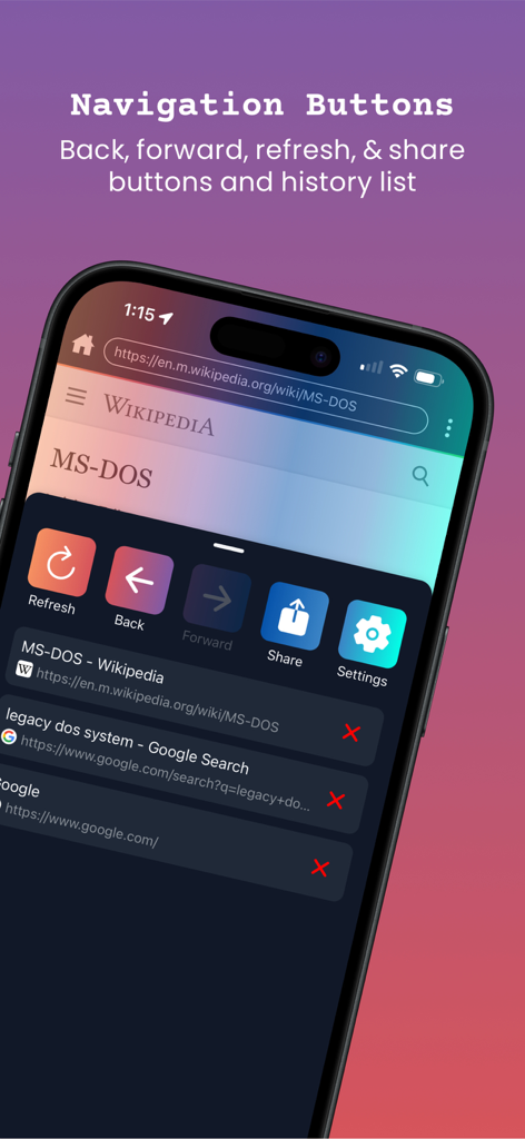 FKeys + Tab - Screenshot of FKeys + Tab app showing navigation buttons for refresh, back, forward, and share alongside a web history list.