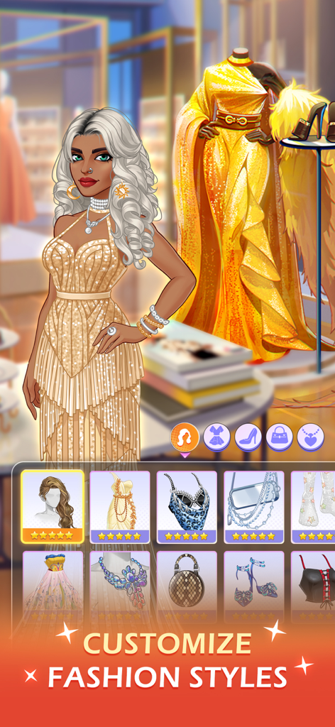Influencer Story: Rise to Fame - 패션 부티크 사용자 정의 화면에서 다양한 의류 및 액세서리를 보여주는 화려한 골드 드레스를 입은 여성 인플루언서 캐릭터.