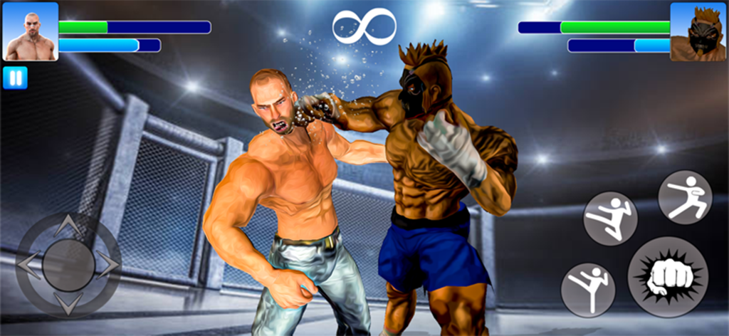 Kung Fu GYM: Fighting Games - Two muscular fighters engaging in a martial arts combat match in a gym arena