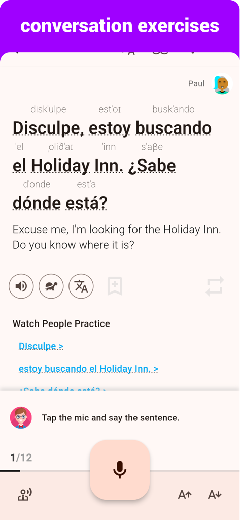 Spanish  - Listening Speaking - Interfaccia dell'app Spanish Listening Speaking che mostra un esercizio di conversazione per chiedere indicazioni con funzioni di registrazione vocale.