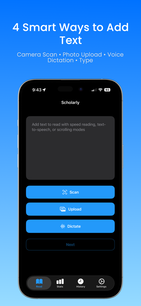 Scholarly - Smart Reading AI - Interface of Scholarly app showing four smart ways to add text including camera scanning photo uploading voice dictation and typing