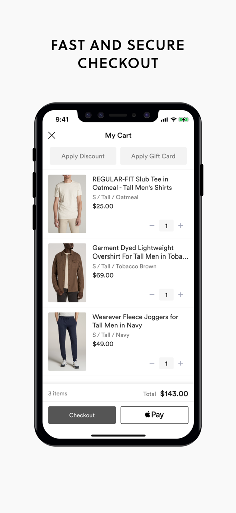 American Tall - American Tall app shopping cart screen displaying clothing for tall men and Apple Pay checkout option