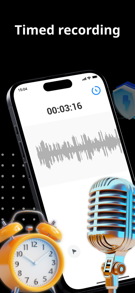 Voice Recorder + Voice Memos - Interfaz de una aplicación grabadora de voz que muestra una función de grabación programada con una pantalla de forma de onda, un reloj despertador y un micrófono profesional.
