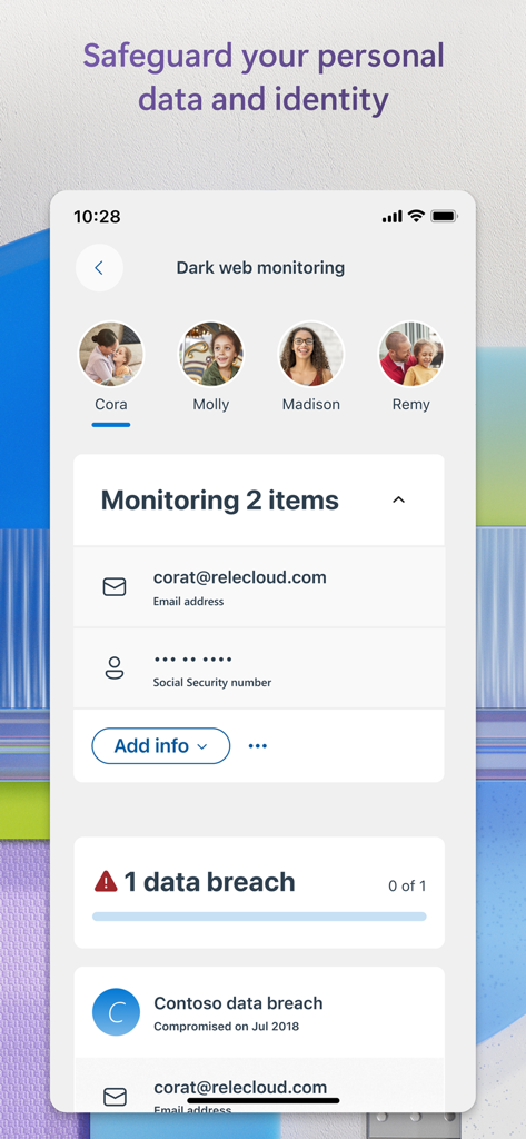 Microsoft Defender dark web monitoring screen showing family identity protection